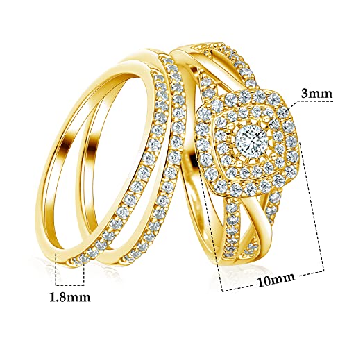 Mdfun Three In One Square Halo Wedding Band Set Engagement Ring 18K Yellow Gold Plated Cubic Zirconia Promise Eternity Ring For Women Size 7 #TOP5