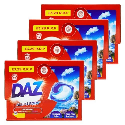 Daz All in 1 Pods Universal Whites & Colours Laundry Detergent Capsules Removes Stains 12 per Pack 4 Pack (48 Pods Total)