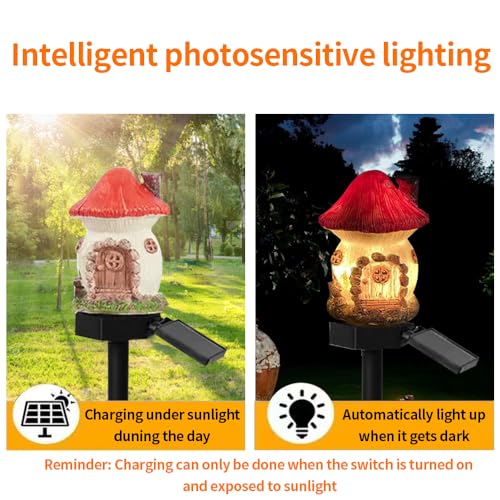 YZYOE Solar Powered Red Mushroom House Lamp, Garden Decoration Resin Cute Mushroom House Floor Lamp， Wireless Dusk to Dawn LED Sconce Lights Waterproof. by YZYOE - Used condition - Image 2