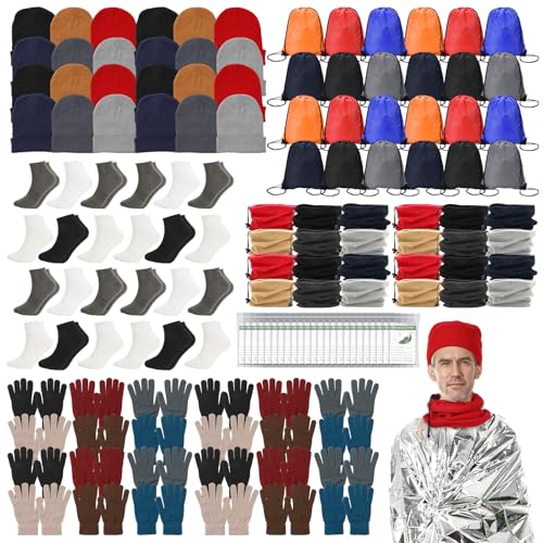 144 Pcs Homeless Care Package Supplies Bulk Winter Beanie Hats Emergency Blankets Sock Gloves Scarf Unisex Draw String Bag for Cold Weather Woman Men Homeless Charity Donating Warm Gift Multi-colored