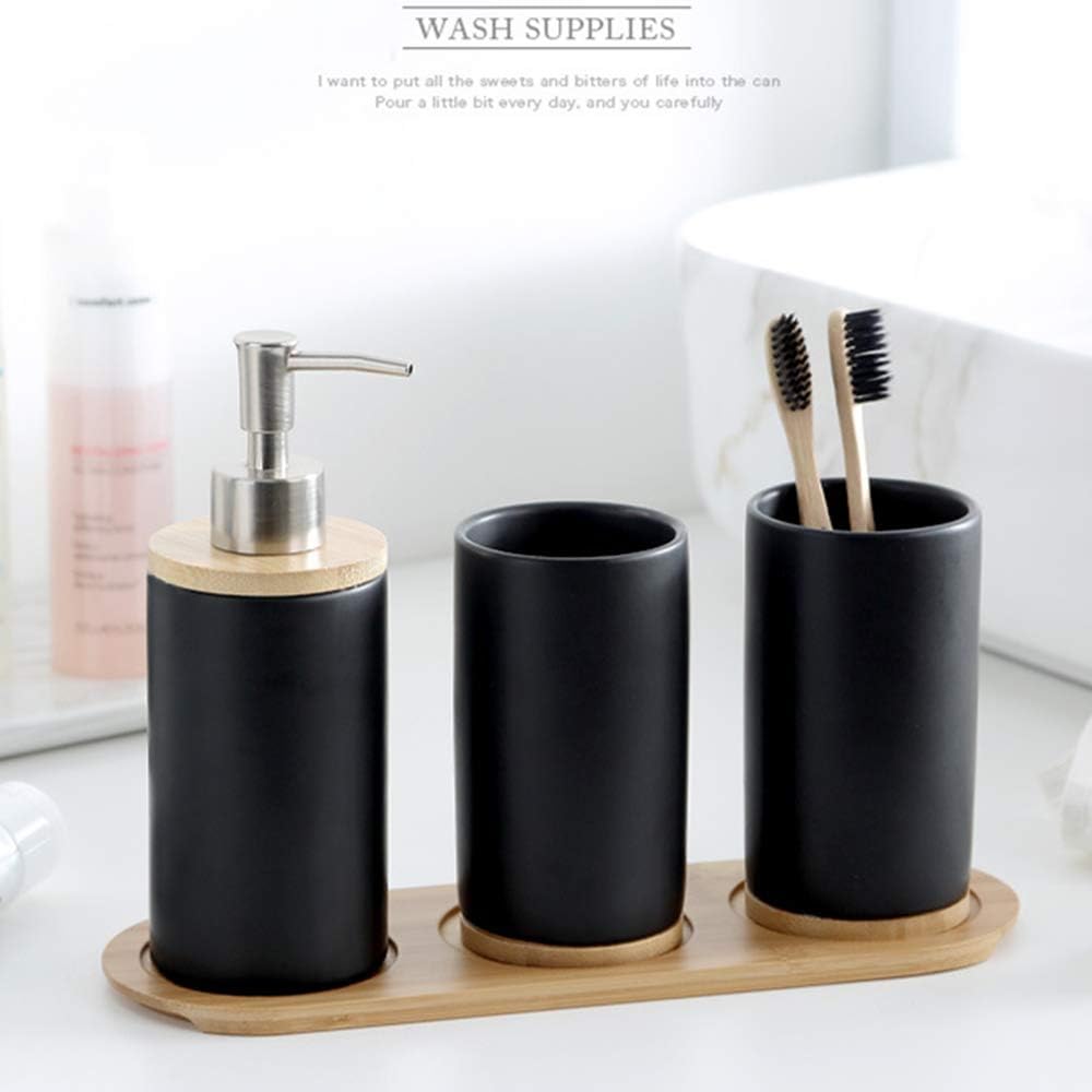 4-Piece Black Ceramic Bathroom Accessories Set Includes Lotion Soap Dispenser Pump, Toothbrush Holder, Tumblers and Bamboo Tray, Modern Bathroom Accessories Set Complete