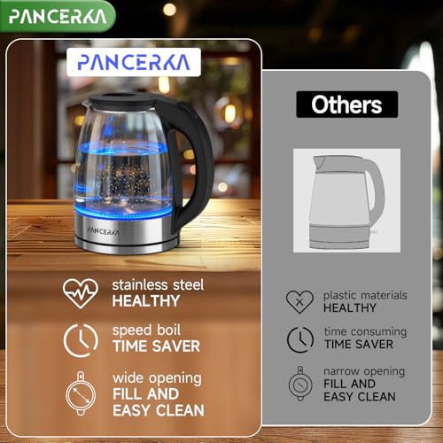 PANCERKA Electric Kettle, No Plastic Contact With Water, Wide Mouth For Easy Cleaning, Auto Shut Off, 1.8L Tea Kettle & Hot Water Boiler, Water Heater & Teapot, Black, 1000W