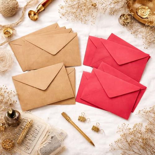 Image of Celebrations Vintage Brown & Red Kraft Paper Envelope Combo Set, Antique Style Retro Envelopes for Wedding Invitations, Greeting Cards, Valentine's Day, Letters & Journaling Pack Of 10
