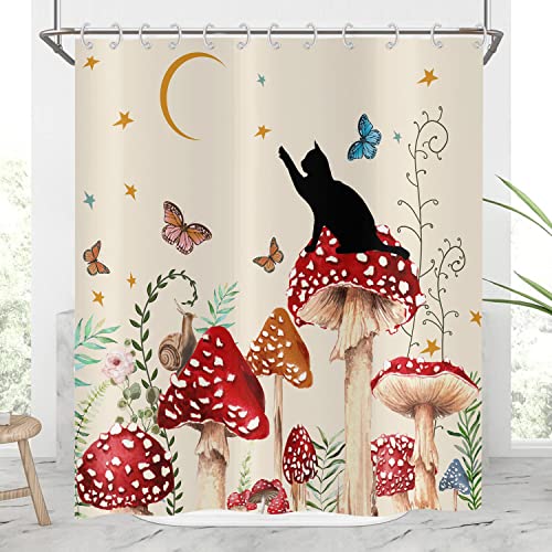 Hnmdmyi Mushroom Shower Curtain 180x180, Retro Boho Floral Butterfly Moon Stars Black Cat Wildflowers Green Plant Beige Aesthetic Bathroom Curtains Waterproof Polyester Fabric Washable Bath Curtains