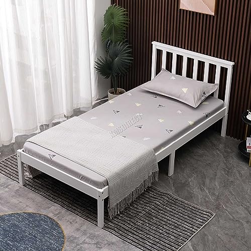 WestWood Single Bed Solid Pine Frame Headboard Durable Shaker Style Low Foot End Wooden Platform With Wood Slat Support Bedroom Furniture Strong Support Legs Adults Kids Teenagers White
