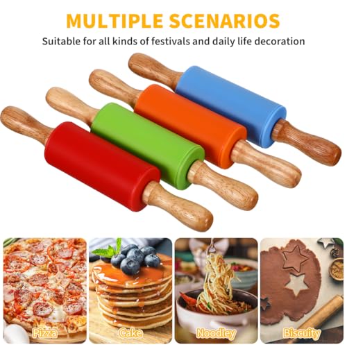 FUNOMOCYA 4pcs Silicone Rolling Pin for Boy Girl Non-Stick Dough Roller Red Blue Baking Accessories Non Stick Kids with Wooden Handle for Kitchen Dough Cookie Pastry Fondant Cake Pizza Cookie - Image 2