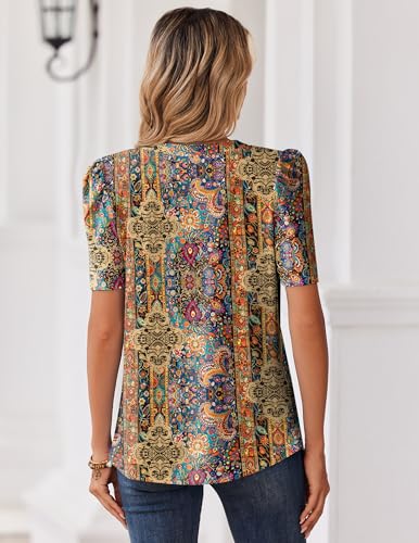 Image of Zeagoo Women Blouses Puff Short Sleeve Tops V Neck Dressy Casual Spring Shirts Boho Floral Cute Clothes 2026