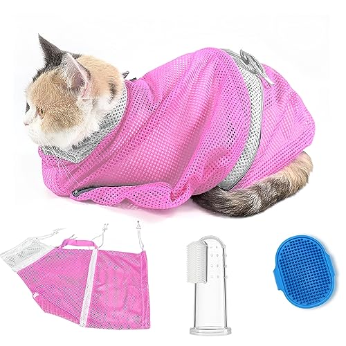 Image of Adjustable Multifunctional Anti-Bite Shower Net, Cat Grooming Mesh Bag, Cat Bath Brush and Pet Finger Toothbrush (B-Pink)