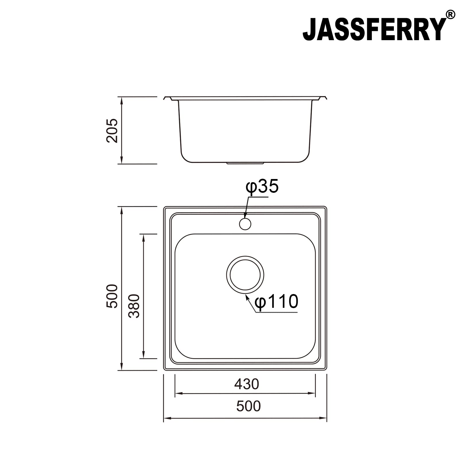 JASSFERRY Lavello da cucina Vasca singola in Acciaio Inox Spazzolato, incasso Lavandino, con set di rifiuti