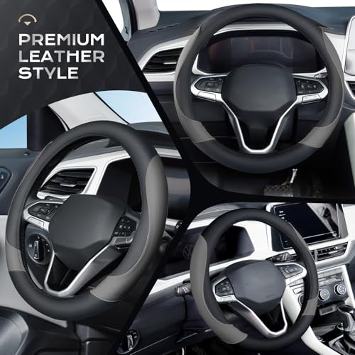Image of Coverado Car Steering Wheel Cover, Nappa Leather Black & Gray Steering Wheel Covers, Universal 14-15 inch, Anti-Slip, Breathable Steering Wheel Protector for Women Men