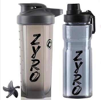 Zyro Combo of 2 Gym Shaker Bottles | Leakproof Protein Shaker Sipper | BPA-Free Gym Shaker for Protein & Supplements | 700ml Each | Pack of 2,Grey,Black