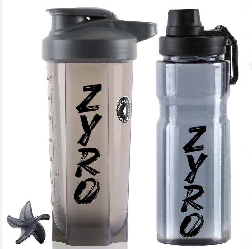 zyro combo of 2 gym shaker bottles | leakproof protein shaker sipper | bpa-free gym shaker for protein & supplements | 700ml each | pack of 2,grey,black