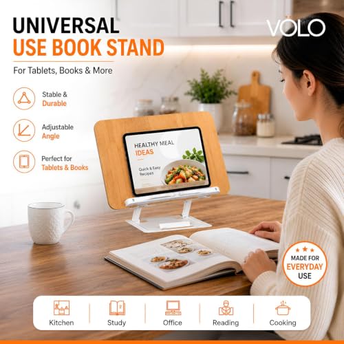 Image of VOLO Book Stand Holder - Portable Adjustable & Foldable Book Holder for Desk, Cookbook, Recipe Book, Textbook & Music Reading Stand (Wooden)