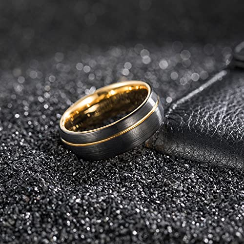 TRUMIUM 8mm 24K Gold Plated Tungsten Carbide Rings Black Mens Wedding Band Groove Center Ring Beveled Edges Comfort Fit Size 7-143
