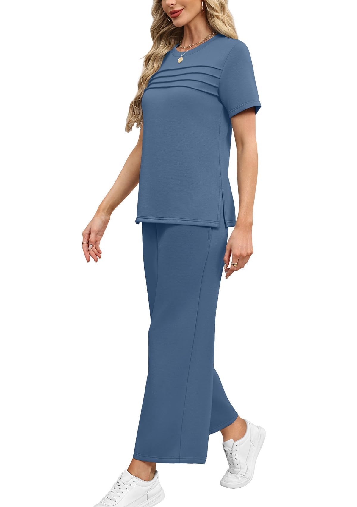 Desol Damen Trainingsanzug Jogginganzug Zweiteiler für Sommer - Kurzarm Oberteil mit Raffung und Weite 7/8 Hose mit Taschen - Loungewear für Reisen & Freizeit & Hausgebrauch