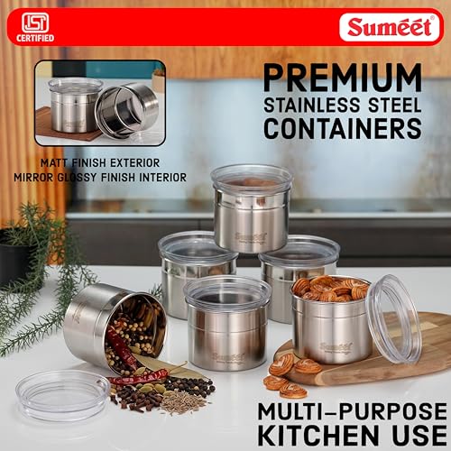 Image of Sumeet ISI Certified Stainless Steel Small Canisters /Dabba /Storage Containers for Kitchen with See Through Air Tight Lid - Set of 6 Pcs - 550ml, 10cm Dia, Silver