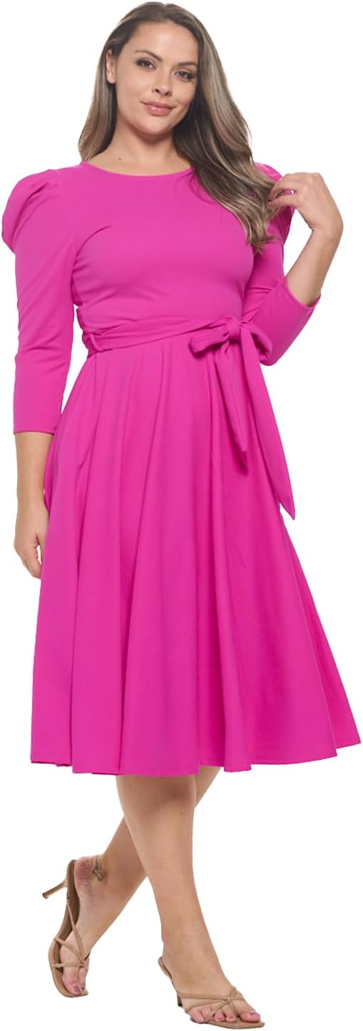 Stylish Fabric Women's Women's Summer 3/4 Long Sleeve Midi Cocktail Dress Side Pocket and Tie Waist