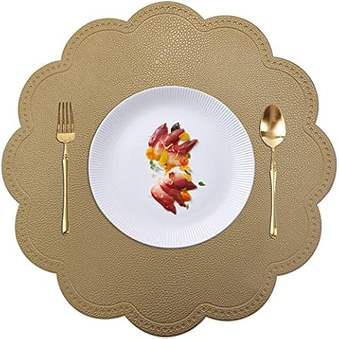 Kreatur Round Placemats,PU Heat Insulation Stain Resistant Non-Slip Waterproof Dining Table Mats for Indoor & Outdoor Decor and Kids, Easy to Wipe (6,Golden Beige) Cover