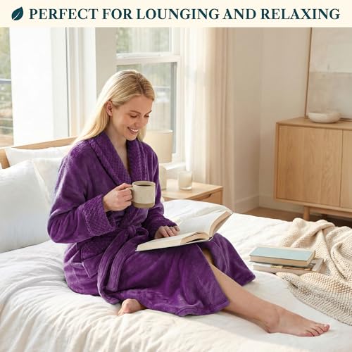 Image of PAVILIA Women's Plush Fleece Robe, Soft Cozy Long Bathrobe with Satin Waffle Trim, Warm Lightweight, Pockets & Tie Belt