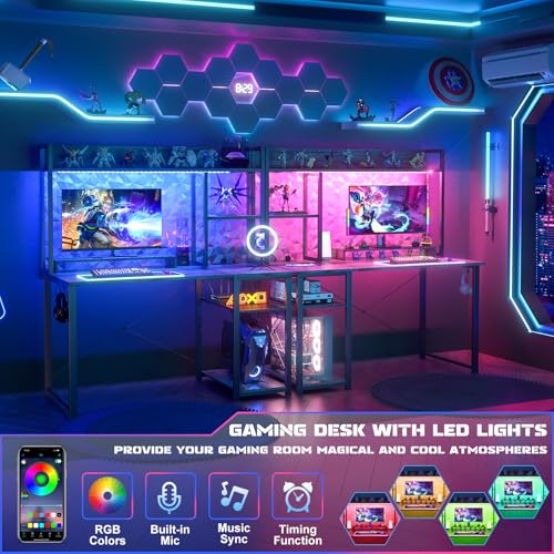 Image of Cyclysio Gaming Desk with Hutch, 39'' Computer Desk with LED Lights & Power Outlets, Home Office Desk with Reversible 5 Tiers Storage Shelves & Monitor Stand, Small Gaming Table for Small Space, Grey