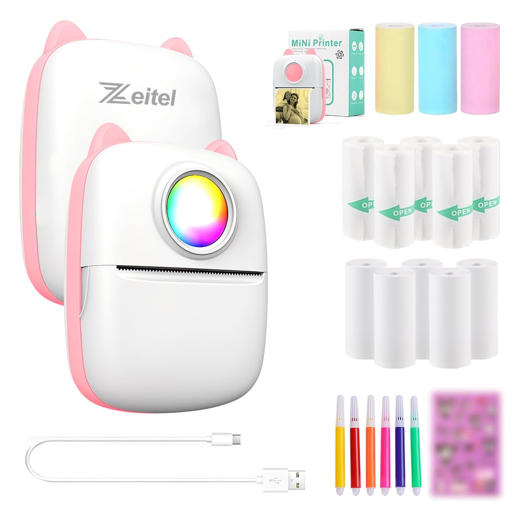 ZEITEL® Mini Bluetooth Thermal Printer with LED Lighting, Portable Inkfree Label Printer for Android and iOS Devices,Includes 13 Paper Rolls, 5 Colored Pens, 1Sticker, USB Cable, Pink Design-picture-28
