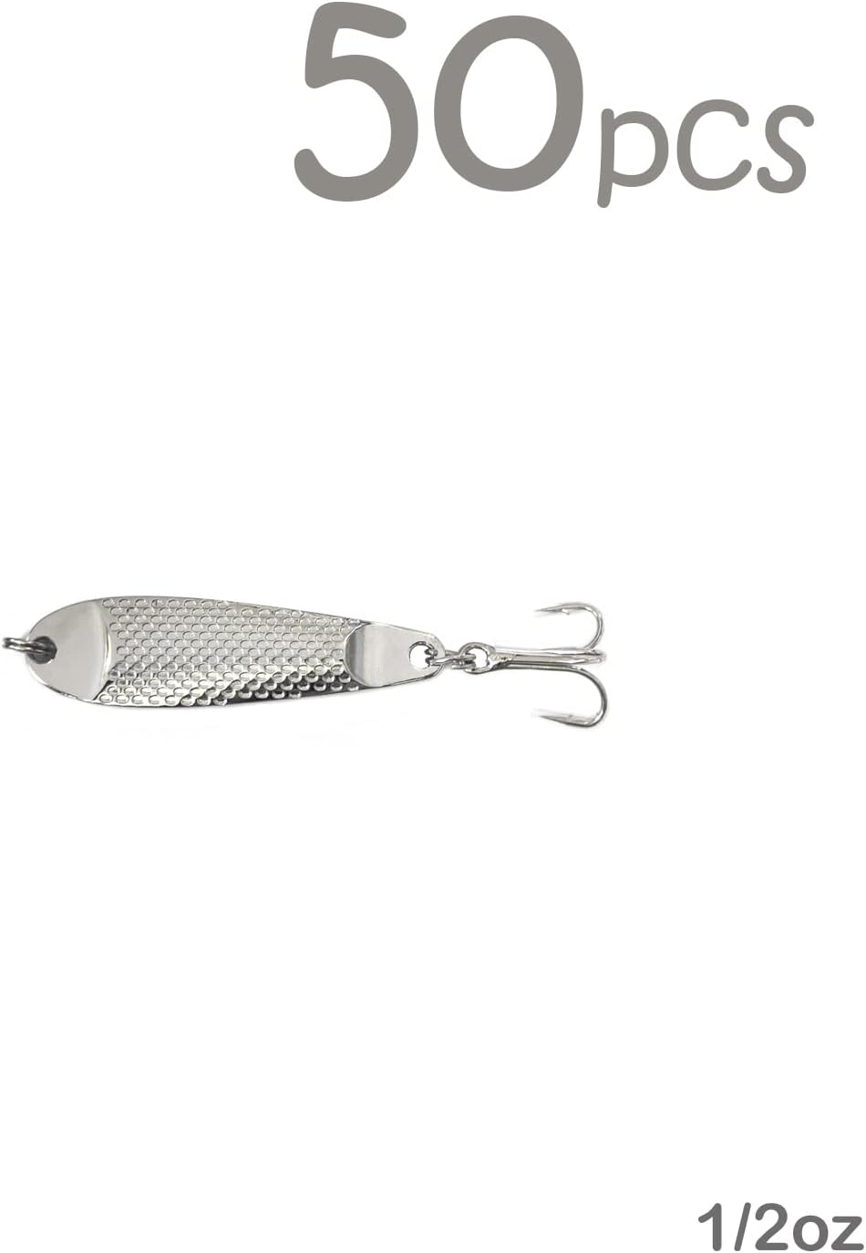 50pcs Fish WOW! 1/2oz Casting Spoon Jig Lures Hammered Spoons with a Treble Hook - Silver Chrome