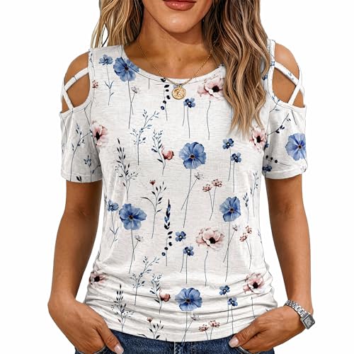 Image of Jar of Love Women's Summer Tops Short Sleeve Cold Shoulder Tops T-Shirts for Women Spring Summer Tops Loose Fit Tunic 2026