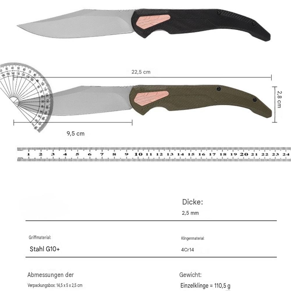Klappmesser mit 4Cr14-Stahl und G10 Stahlgriff, kompakte Bauform，Schwarz