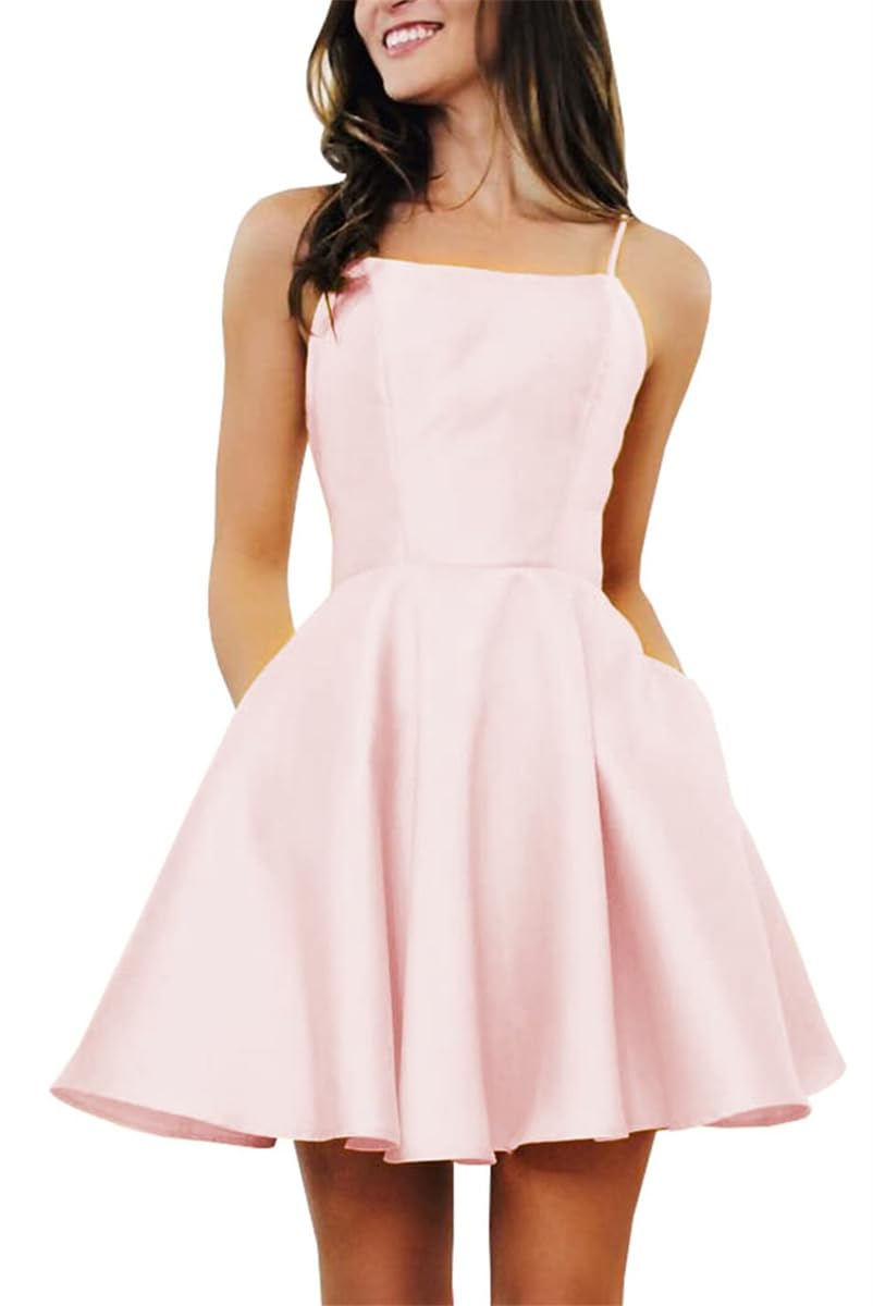 KURFACE Satin Homecoming Dresses with Pockets A Line Blush Pink Prom Dress for Teens Spaghetti Strap Cocktail Evening Gown UK8