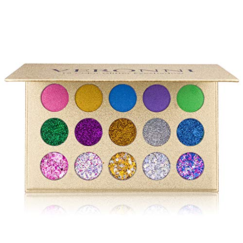 15 Colors Glitter Eyeshadow Palette - Professional Chunky & Fine Pressed Glitter Eye Shadow Powder, Highly Pigmented Shimmer Makeup Pallet Cosmetics for Face Body