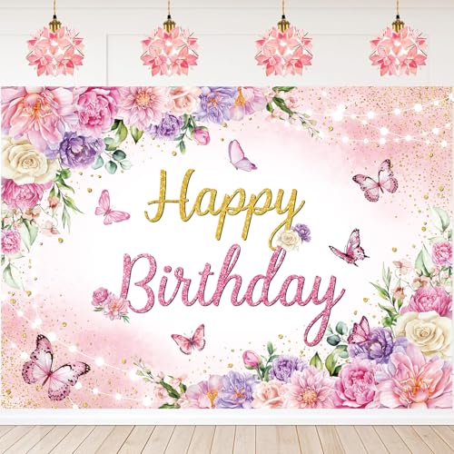 Toile de fond anniversaire fleurs et papillons roses pour shooting photo | 240x183cm