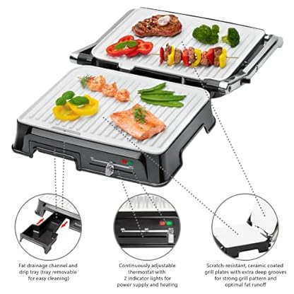 Clatronic Kontaktgrill | Stufenlos regelbarer Thermostat | 2000 Watt | Elektrogrill | Grillflächen: 2x ca. 29,5 x 23,5 cm | Barbecue | Edelstahlgehäuse | KG 3571 edelstahl/schwarz – Bild 6