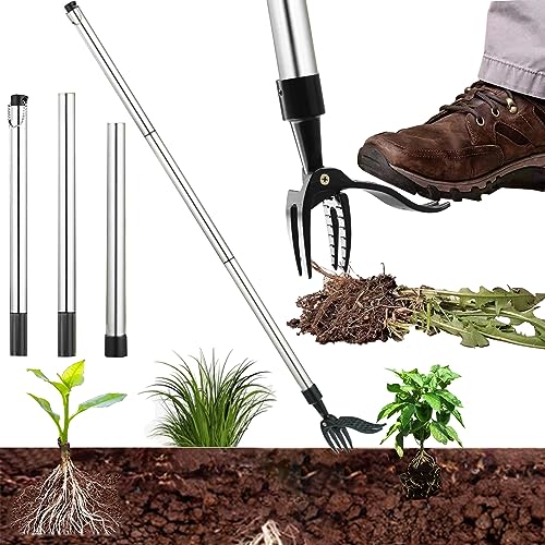 SUQ Weed Puller, Stainless Steel Stand Up Weeder Hand Tool, 3-Stage Adjustable Root Remover, with 4-Claw & Foot Pedal, Stand Up Weeder with Foot Pedal, Picker, Garden Weed Puller and Root Removal Tool