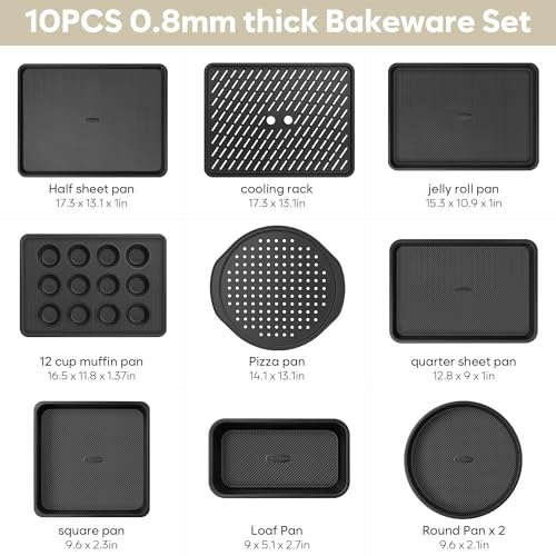 10-Piece Nonstick Bakeware Set, 0.8MM Thick Carbon Steel Baking Pan Set for Oven with Cookie Sheet, Muffin Pan, Pizza Pan, Loaf Pan and Cooling Rack, Stackable Kitchen Baking Set, PFOA/PTFE Free by Fire More - Used condition - Image 2