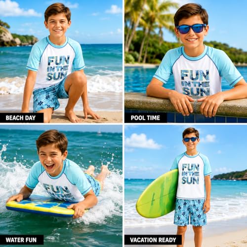 Image of Quad Seven Boys 2-Piece Rash Guard Swimsuit Set Short-Sleeve (Sizes 5-12) | Lightweight Quick-Dry Fabric with Sun Protection, Matching Top & Trunks, Adjustable Drawstring Waist for Pool or Beach Days