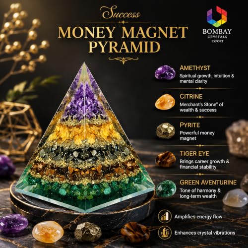 Image of Money Magnet Pyramid with Amethyst, Citrine, Pyrite & Tiger Eye Stones - Crystal Healing Pyramid for Wealth, Abundance, Positive Energy, Reiki, Meditation & Home Decor