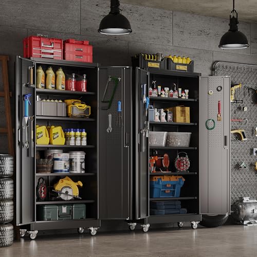 SUXXAN Metal Storage Cabinet with Wheels and Pegboard, 71" Tall Industrial Heavy Duty Steel Cabinet with 5 Adjustable Shelves & Locking Doors for Garage, Office, Pantry, Warehouse, Black - Image 3