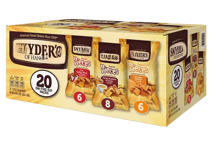Pretzel Pieces Variety Pack, Honey Mustard & Onion, spicy Hot Buffalo Wing, super cheesy Cheddar 2.25 oz, 20 Count (2 Pack)