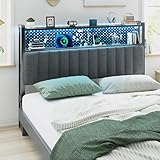 VINGLI Full Size Headboard with 2 Shelves, Adjustable Upholstered Headboard with Pegboard, Charging Stations and LED Lights, Modern Bed Headboard with Storage for Bedroom Decor, Dark Gray