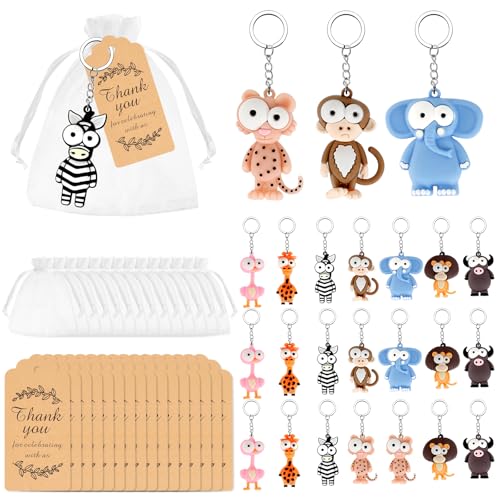 24Pcs Llaveros para Niños Juegos de Baby Shower 8 Estilos Llavero Dibujos Animados Detalles Bautizo Colgante con 24 Bolsas de Organzas y Etiquetas, Regalos de Cumpleaños, Boda Invitados, Comunión