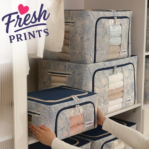 Image of HOKIPO 24L(S) Wardrobe Organiser for Storage of Clothes, 600D Oxford Fabric Storage Box, Blue Blossom Pack of 1 (AR-6484-BLU)