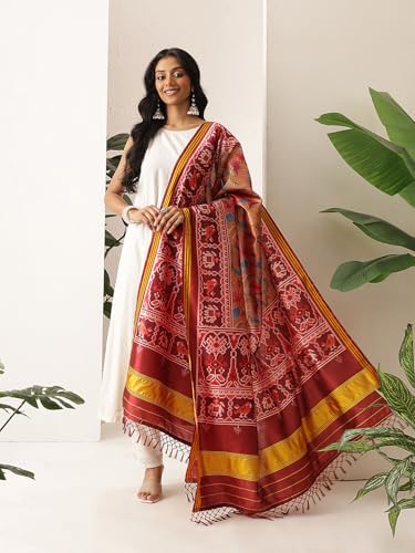 Image of Kalamkari Patola Dupatta Digital Printed With Handmade Tassels