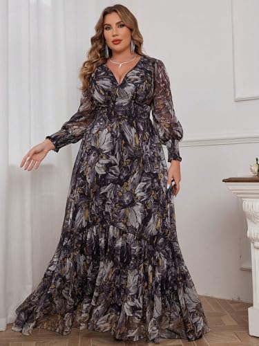 Image of Spring Summer 2024 Plus Size Womens Dresses V Neck Casual Elegant Long Sleeve Floral Print Maxi Dress