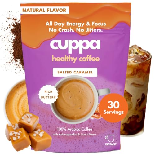 Cuppa Salted Caramel Mushroom Coffee with Adaptogens & Superfoods - Lion’s Mane, Ashwagandha & Cordyceps. Adaptogens + MCT to support natural energy, mental focus & gut health (30 Servings)
