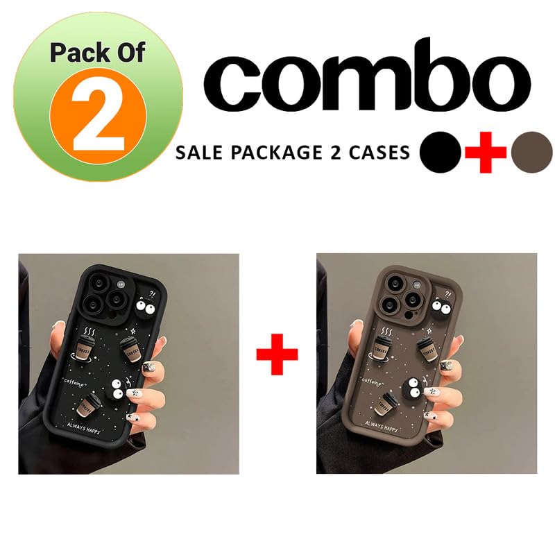Image of Back Case Cover Compatible for iPhone 14 Pro | Pack of 2 Combo Black & Brown Case | Cute Fun Cartoon 3D Ball Coffee Silicone Case | Body Protection | Camera Protection | Shock Proof