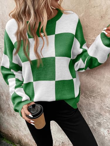 Image of SHENHE Women's Checkered Color Block Oversized Sweater Plaid Crew Neck Drop Shoulder Pullovers