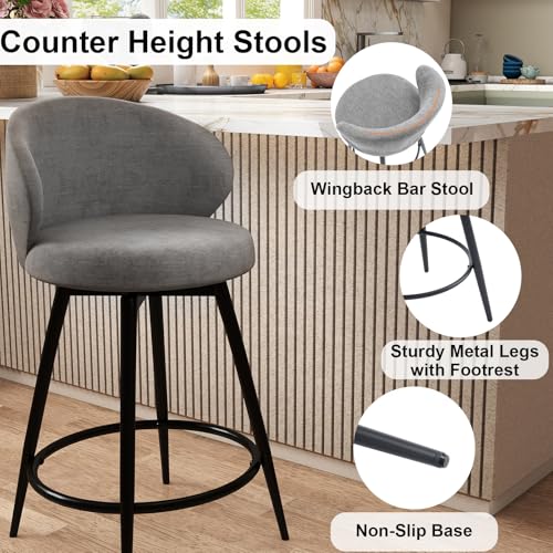 Image of 360 Swivel Modern Bar Stool Set of 2, 26 inch Upholstered Counter Height Bar Stools with Wingback, Soft Linen Fabric, Counter Chairs with Arm for Kitchen Island or Home Bar, Grey