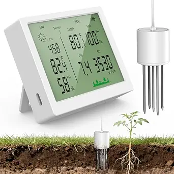 7 in 1 Soil Meter, Digital Soil Test Kit of PH/Sunlight/Fertility/Soil & Air Temp, Humidity Meter for Indoor & Outdoor Plant, Growing Environment Tester with Large LCD Display for Farm, Garden & Lawn