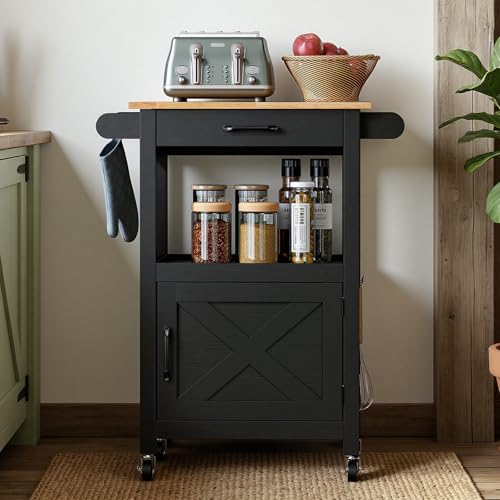 Bonnlo Kitchen Island on Wheels with Barn Door, Rolling Kitchen Trolley Cart with Drawer & Towel Rail, Mobile Storage Cabinet for Kitchen, Dining, Living Room, Black