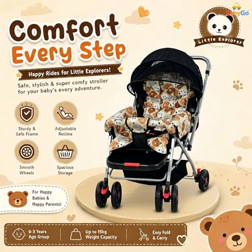 Image of BabyGo Foldable Baby Stroller for Newborn, Infant & Toddler 0-3 Years | Lightweight Travel Pushchair | Safety Harness | Adjustable Recline Backrest | 360 Swivel Wheels | Large Storage Basket | Orange